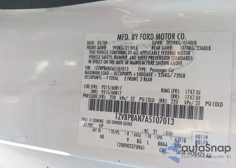 2010 Ford Mustang V6/V6 Premium из США, поврежденный, VIN 1ZVBP8AN7A5107013